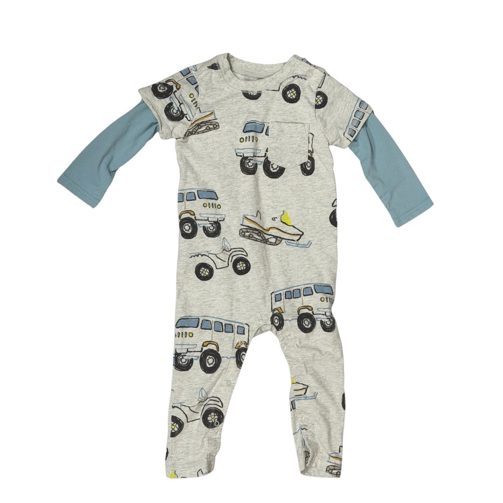 Tea Collection Boys 12-18M Gray Truck Snowmobile Print Layered LS Romper